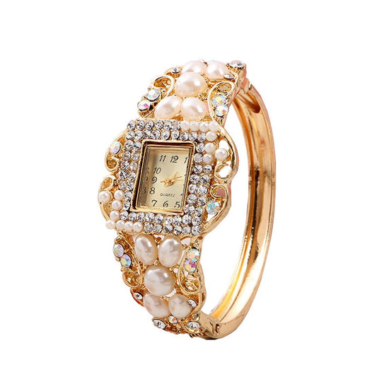 Women Bracelet Square Dial Quartz Bangle Wrist Watch Lady Diamond Pearl Jewelry Watches Gold Color