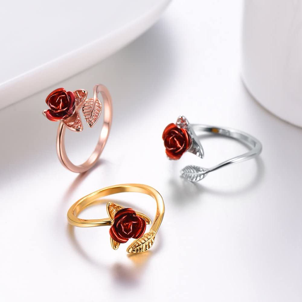 Rose Flower Ring Adjustable Dainty Flower Open Rings Jewelry Wedding Valentine Gifts for Women Girl(Silver)