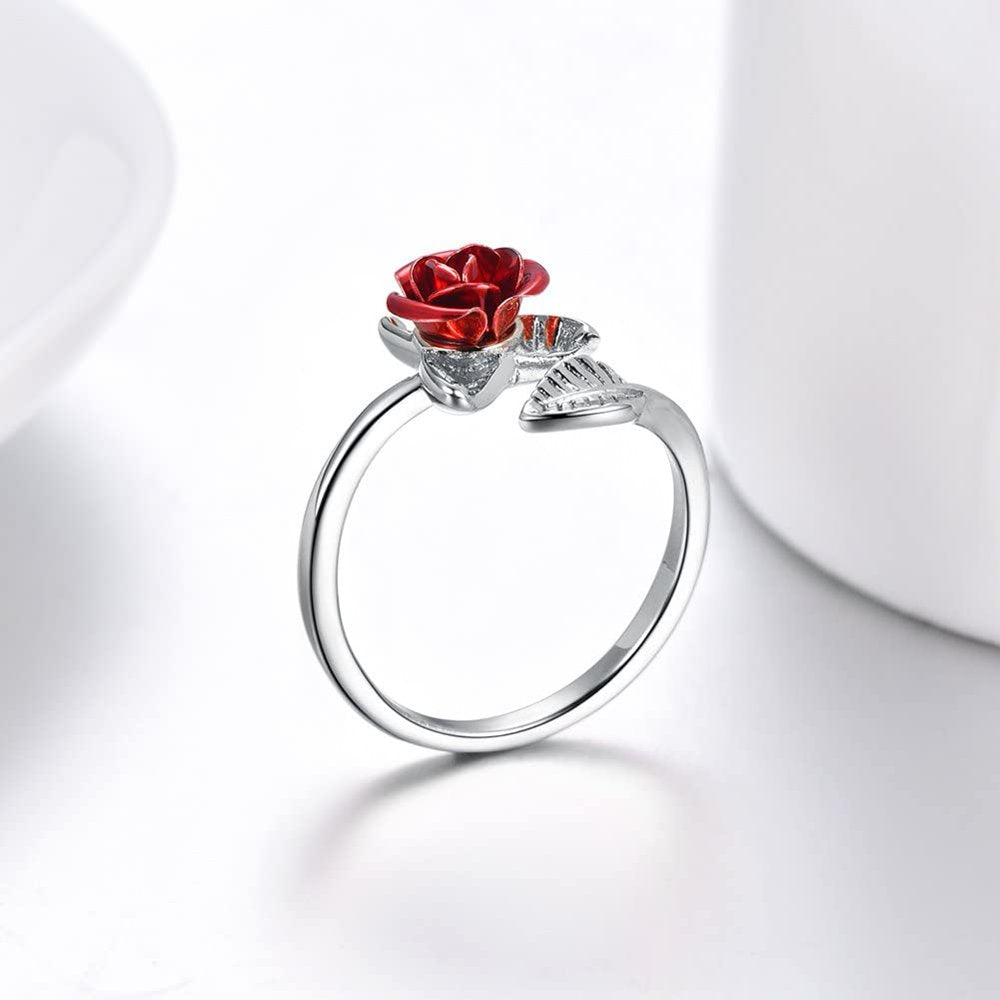 Rose Flower Ring Adjustable Dainty Flower Open Rings Jewelry Wedding Valentine Gifts for Women Girl(Silver)