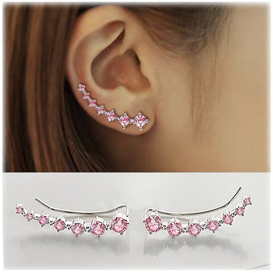 925 Sterling Silver Hypoallergenic Cartilage Jewelry for Women 7 Star Ear Cuffs Climber Earrings with Pink Cubic Zirconia for Birthday Gift