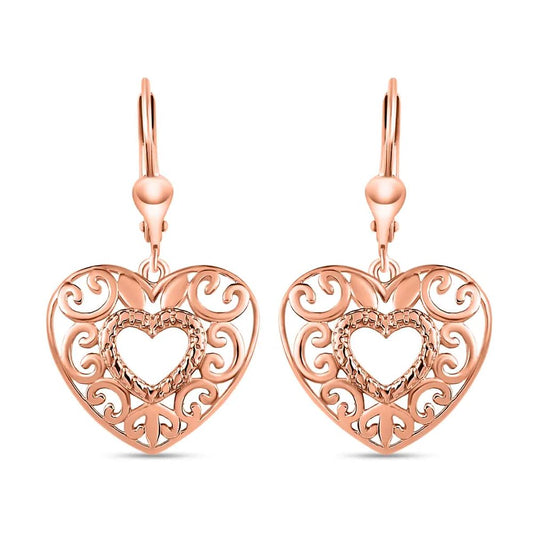 Women Heart Drop Earrings 14K Rose Gold Plated Sterling Silver Lever Back Filigree Jewelry Gifts for Women