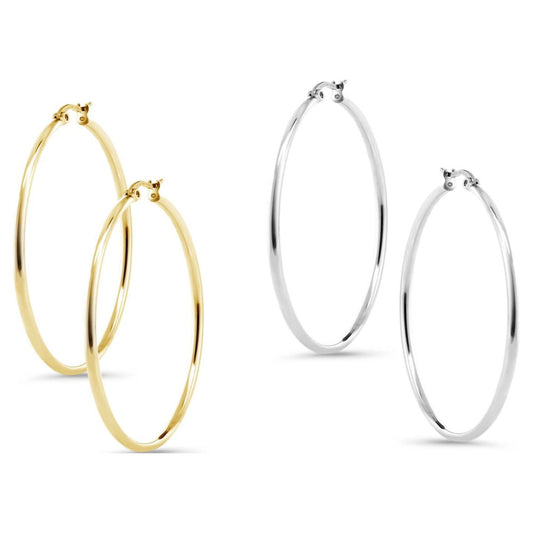 Stunning Stainless Steel Hoop Earrings Two-Pair Set in Silver and Gold, 50Mm Diameter